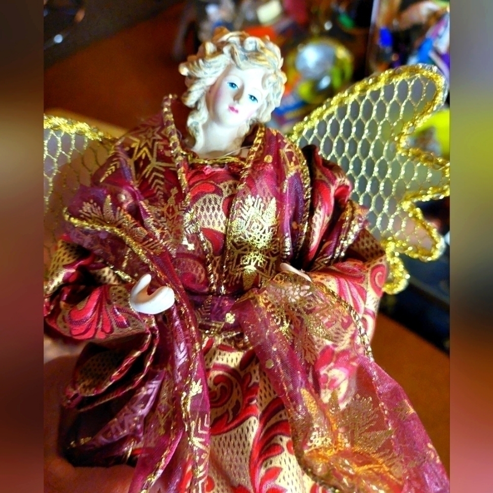NWOT. Vintage* Angel Tree Topper, Burgandy & Gold Gown
